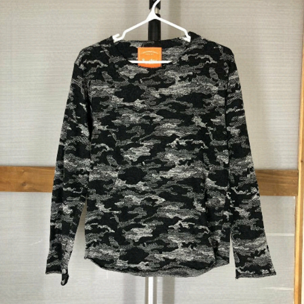 S--dry Black Grey Camoflauge Camo Raw Edge Long‎ Sleeve Top Sz L